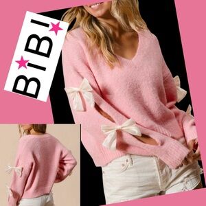 BiBi Pink Sweater with Cream Bows Size L